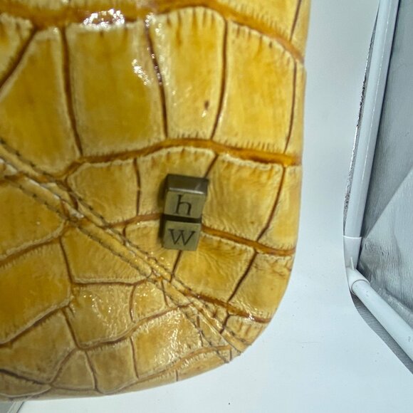 Helen Welsh Leather Shoulder Bag Purse Embossed Crocodile Reptile Print Yellow - Picture 2 of 8